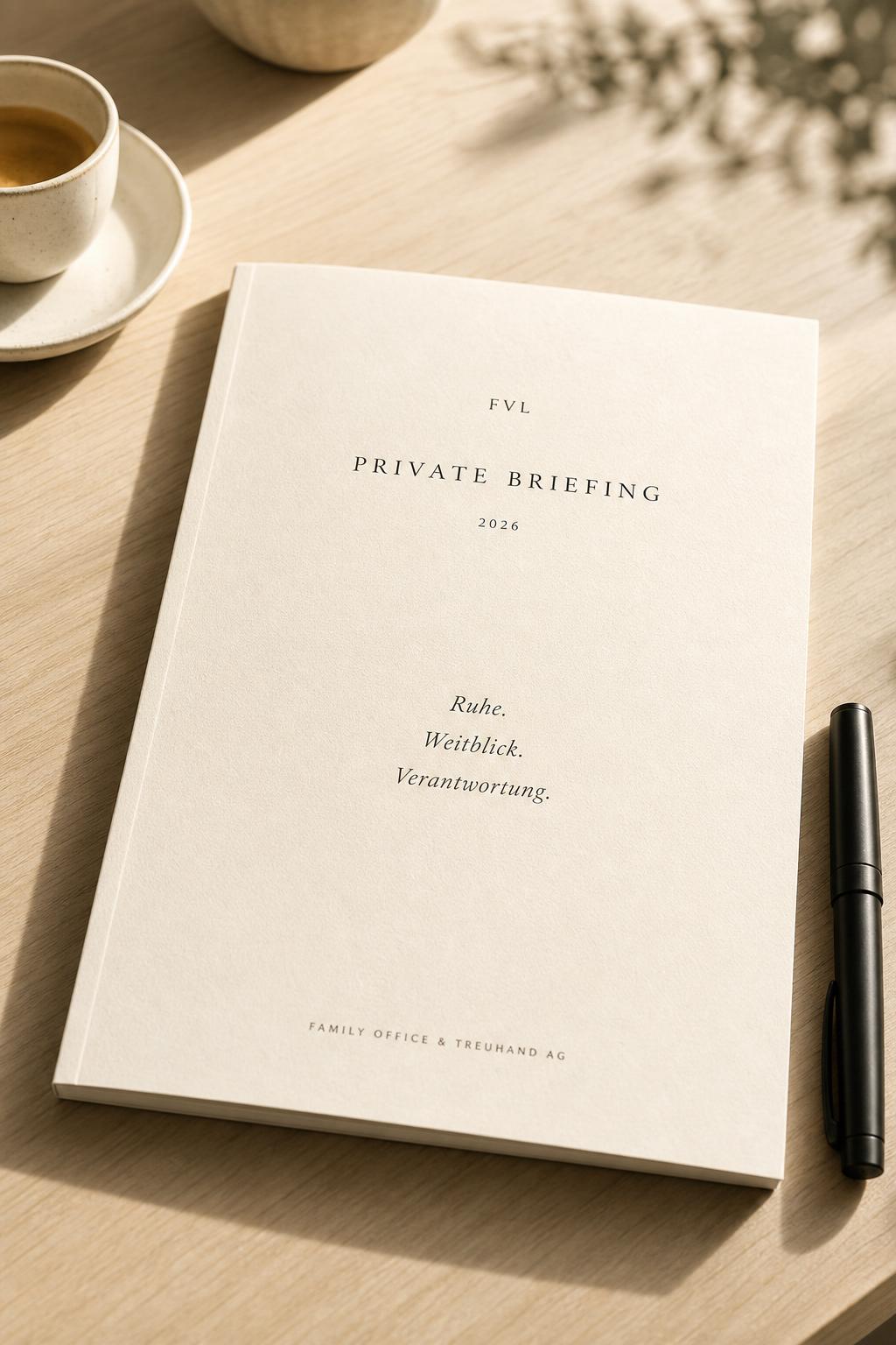 FVL Private Briefing 2026 — Family Office & Treuhand AG, photographed on an executive desk